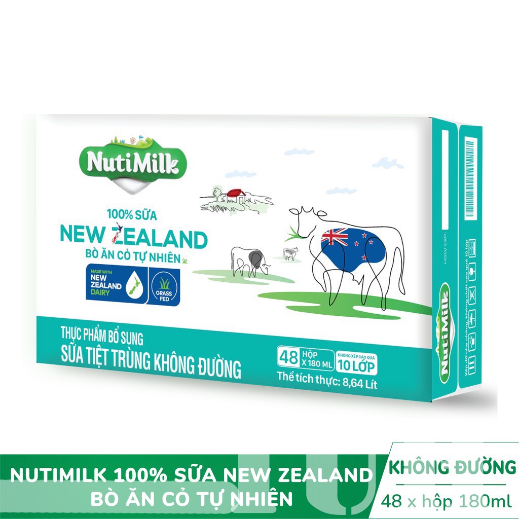 Thùng 48 hộp Sữa không đường New Zealand Nuti Bò ăn cỏ tự nhiên Không đường