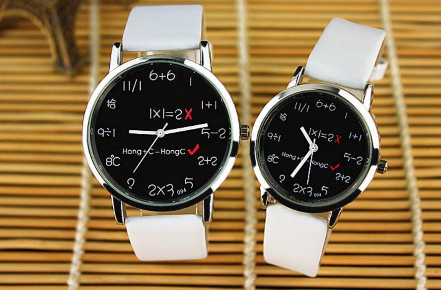 Đồng hồ cặp dây da mặt toán học ( Mặt đen ) - 2 chiếc như hình