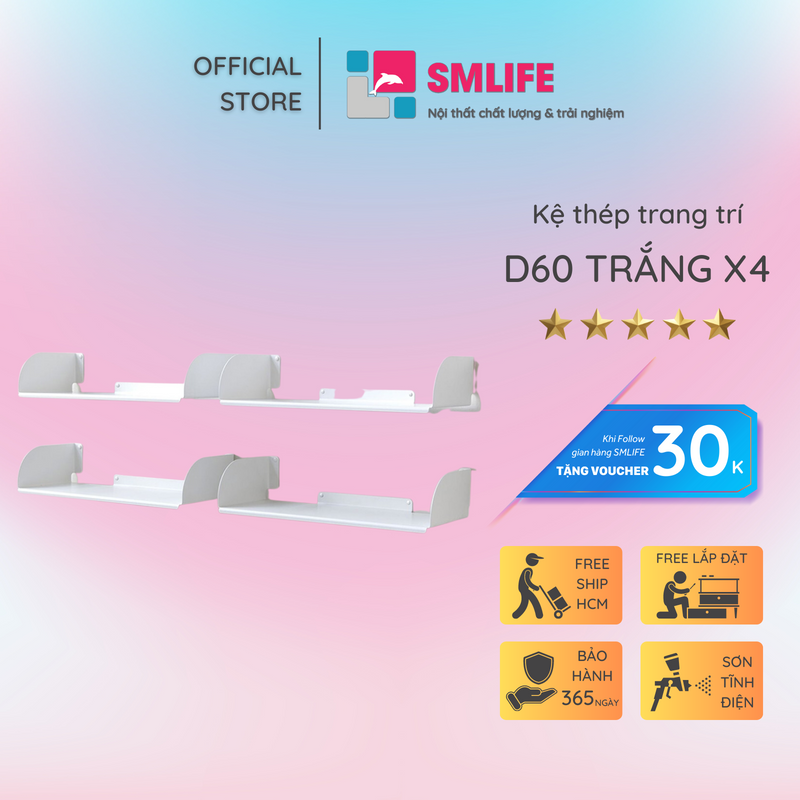 Kệ sách treo tường chữ D 60 (Set 4) - Kệ treo tường bằng thép dày 1,6mm - Sơn tĩnh điện màu Trắng/ Đen hiện đại - Tặng kèm bộ ốc vít và đầu bịt ốc