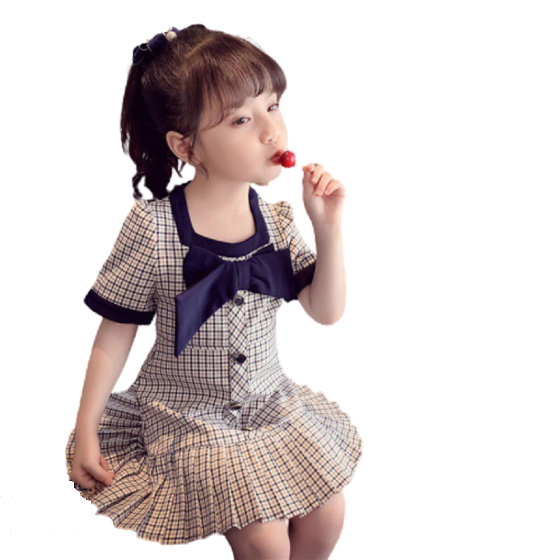 Váy bé gái kẻ caro cộc tay nơ cổ XHN717