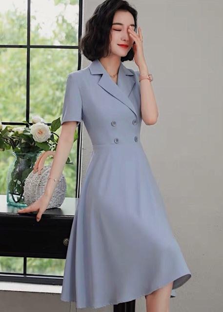 Đầm xanh đậm 4 nút (kèm hình thật)