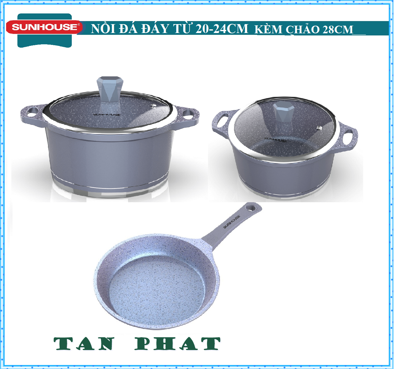 HCMBỘ 2 NỒI 1 CHẢO VÂN ĐÁ ĐÁY TỪ SUNHOUSE SIÊU BỀN ĐẸP MÀU XANH