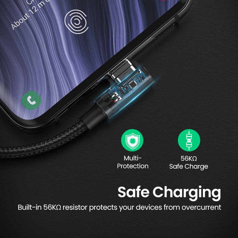UGREEN Cáp USB C Nylon Cáp Sạc Nhanh 90 Độ Cáp Loại C, Dành Cho Xiaomi Redmi Note 9 SRedmi Note 9S Tiện Lợi Cáp Pubg Chơi Game Dành Cho Xiaomi A1/A2Mi 6/ Mi 8/Pocophone F1/Redmi Note 7/Huawei Nova 3/P9/Samsung Note 9/S8, V. V.  Model:20855