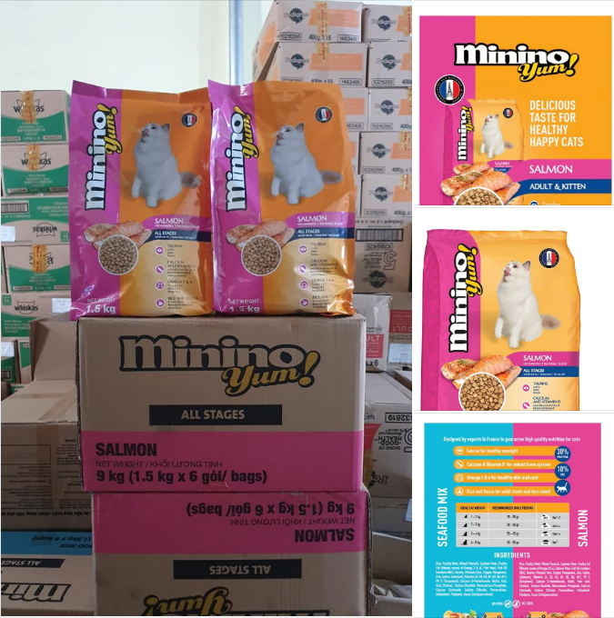 Thùng 9kg 6gói 1,5kg minino hải sản và cá hồi thức ăn mèo mọi lứa tuổi