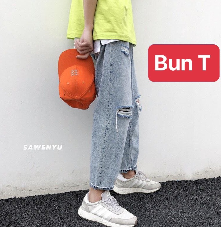 QUẦN BAGGY JEAN NAM CHẤT BÒ XANH RÁCH GỐI ỐNG RỘNG DÀI MÙA THU HÈ ĐÔNG HÀN QUỐC TT-46 TRANG BUN FASHION