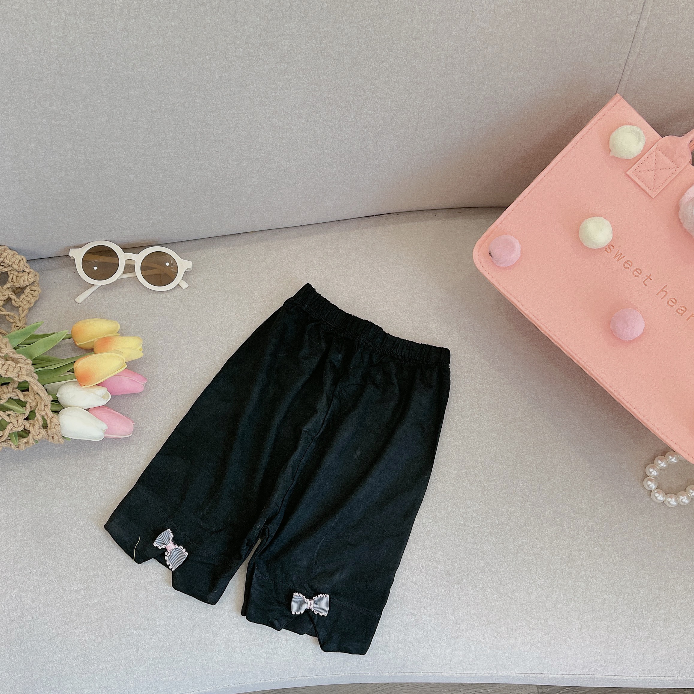 Quần legging đùi, quần legging ngố bé gái cotton đính nơ