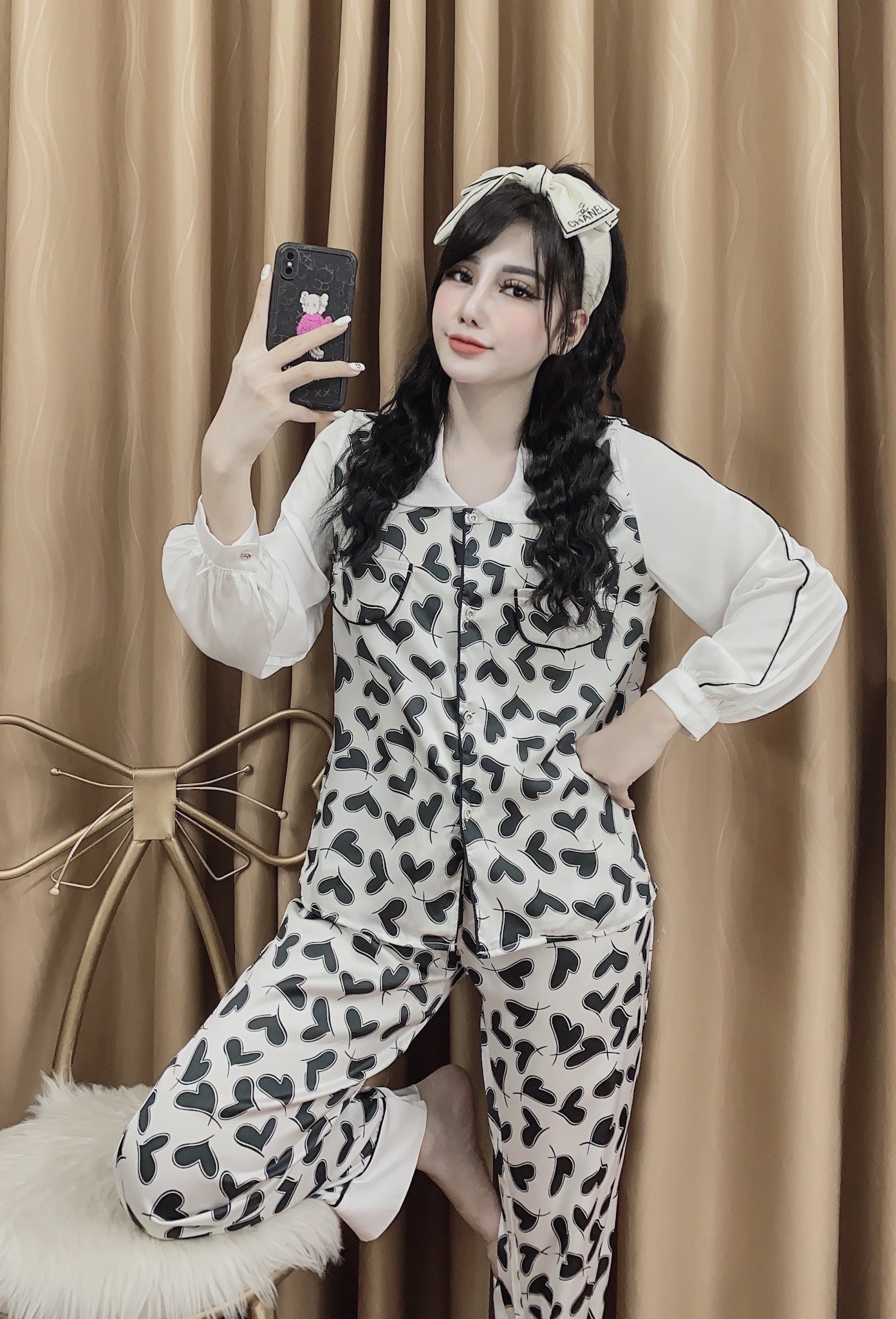 (Kèm Ảnh Thật) Đồ Bộ Pijama Hình Trái Tim Lụa Satin Cao Cấp