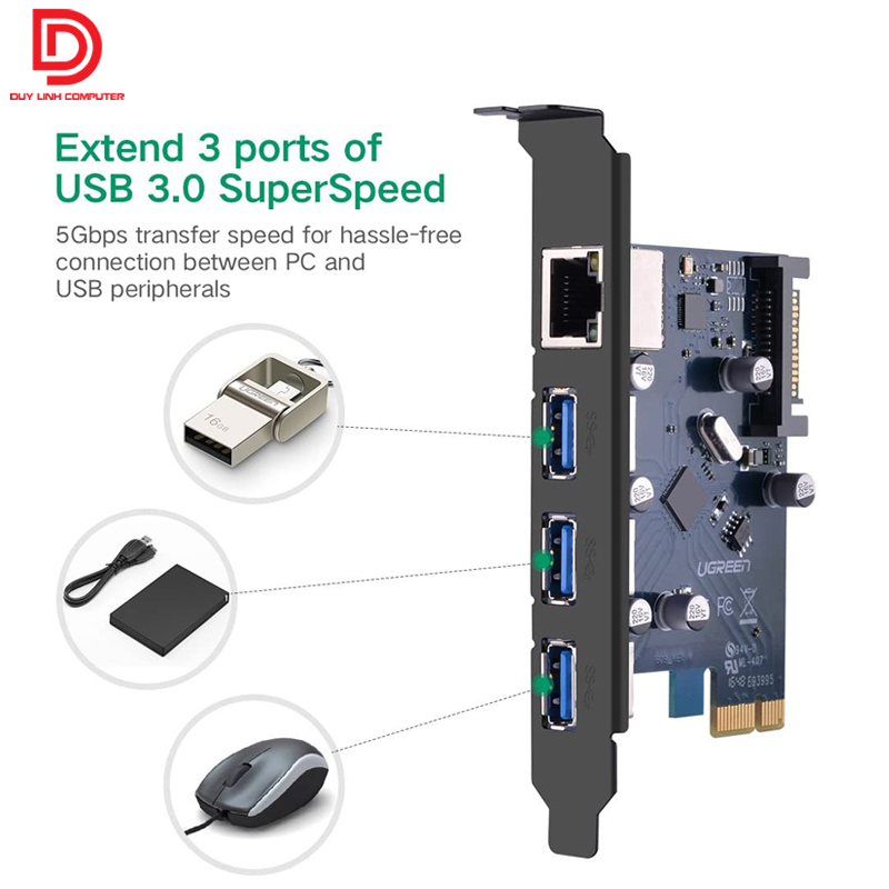 Card PCI Express to 3 USB 3.0 + Lan tốc độ 1000Mbps Ugreen 30775