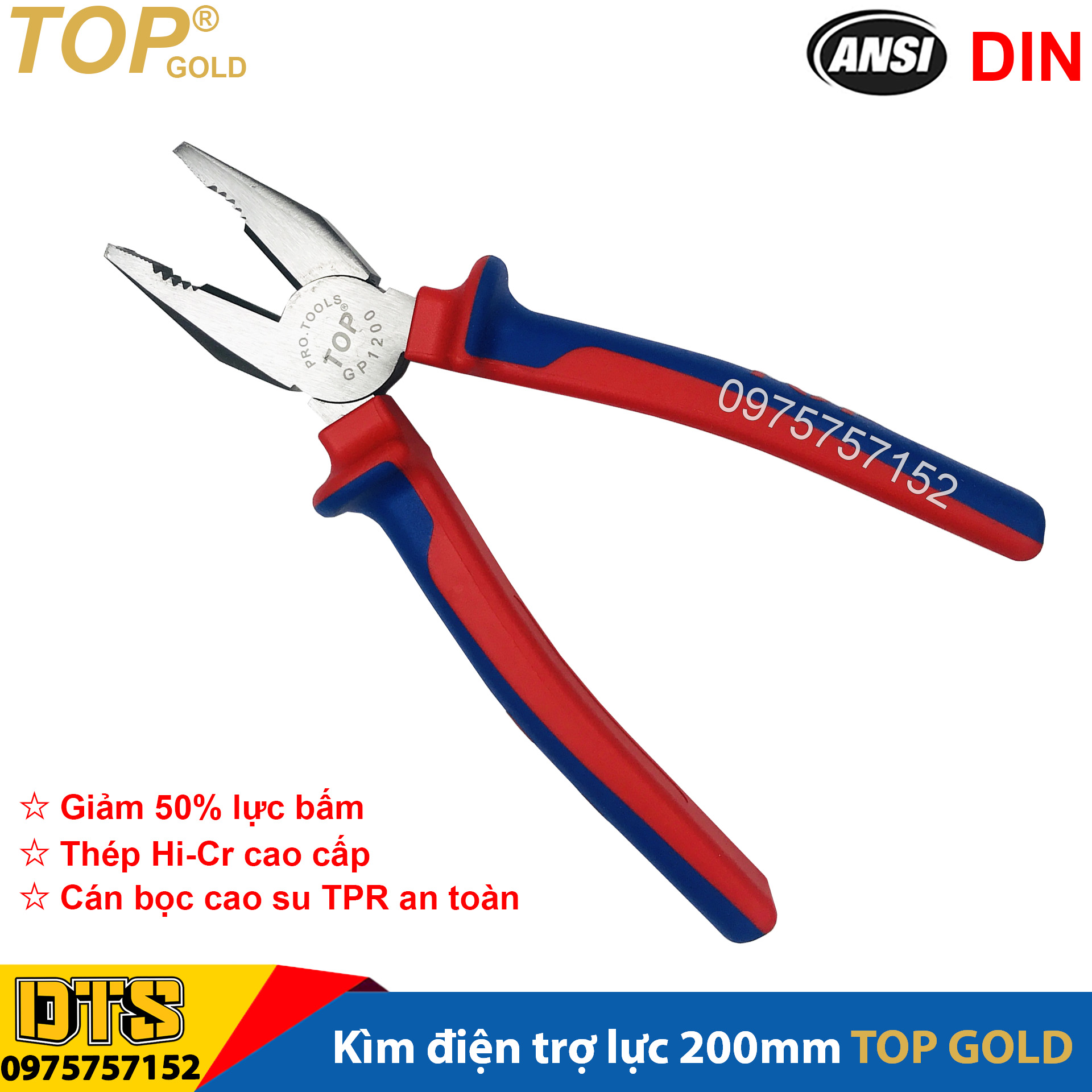 Kìm điện, kìm cắt, kìm nhọn trợ lực chuyên nghiệp TOP GOLD 200mm, kìm kết hợp thép Hi-Cr cao cấp, thiết kế cộng lực tiết kiệm 50% lực bấm, kìm đa năng cao cấp, kềm mỏ nhọn, kềm răng tổ hợp, kềm cắt chuyên dụng chuyên dụng