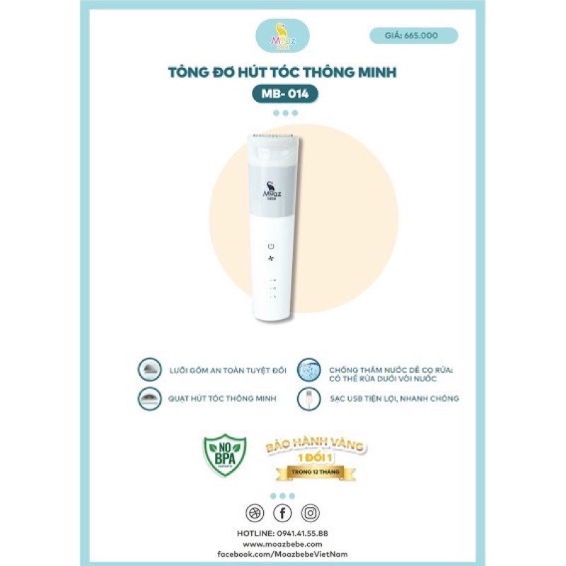[Mã 267FMCGSALE giảm 8% đơn 500K] Tông đơ cắt tóc cho bé Moaz bebe MB014