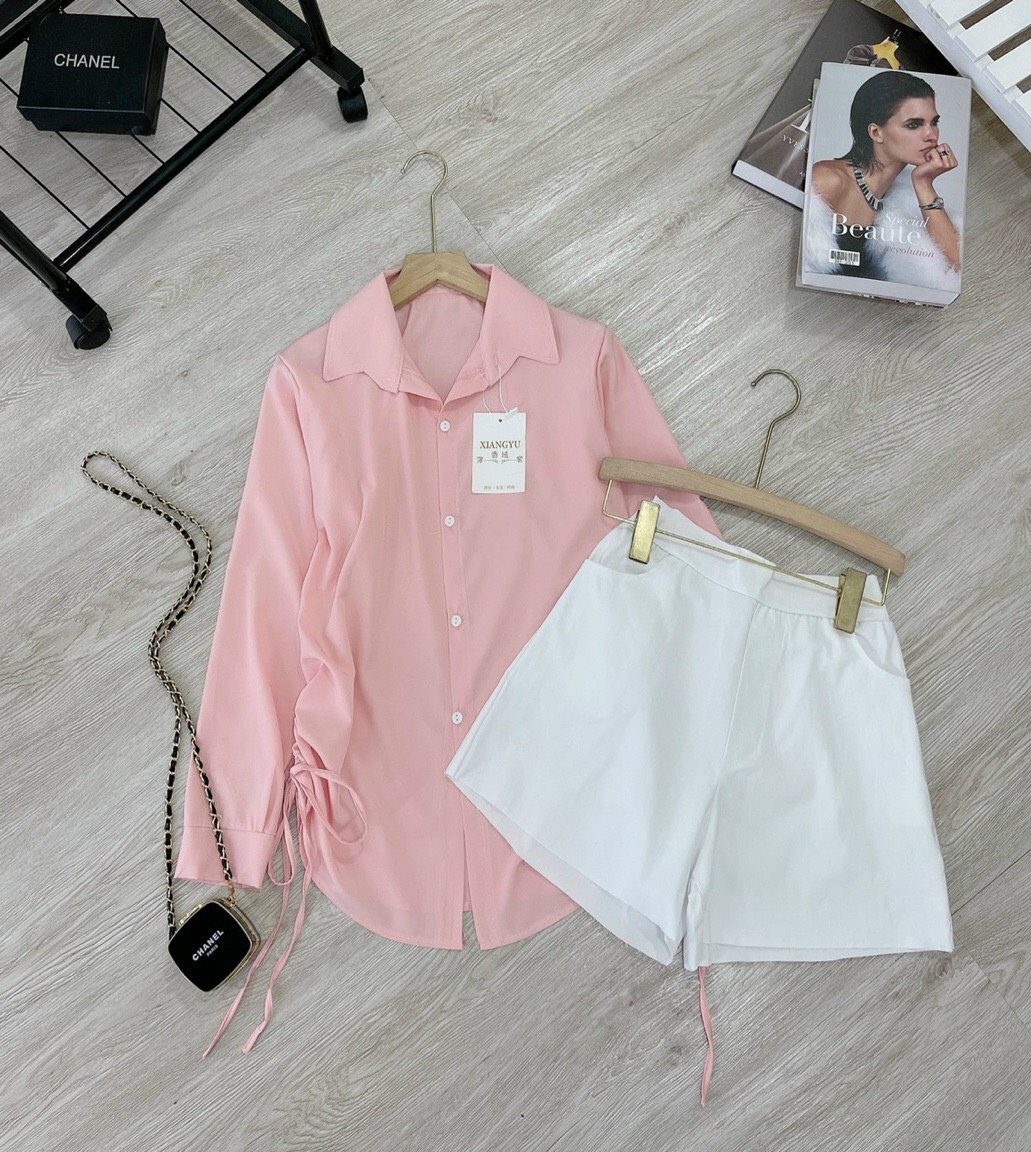 Sét Đồ Bộ Sơ Mi Thụng Rút Dây Nữ Mix Quần Đùi Kaki Siêu Xinh - hàng Quảng Châu Loại 1