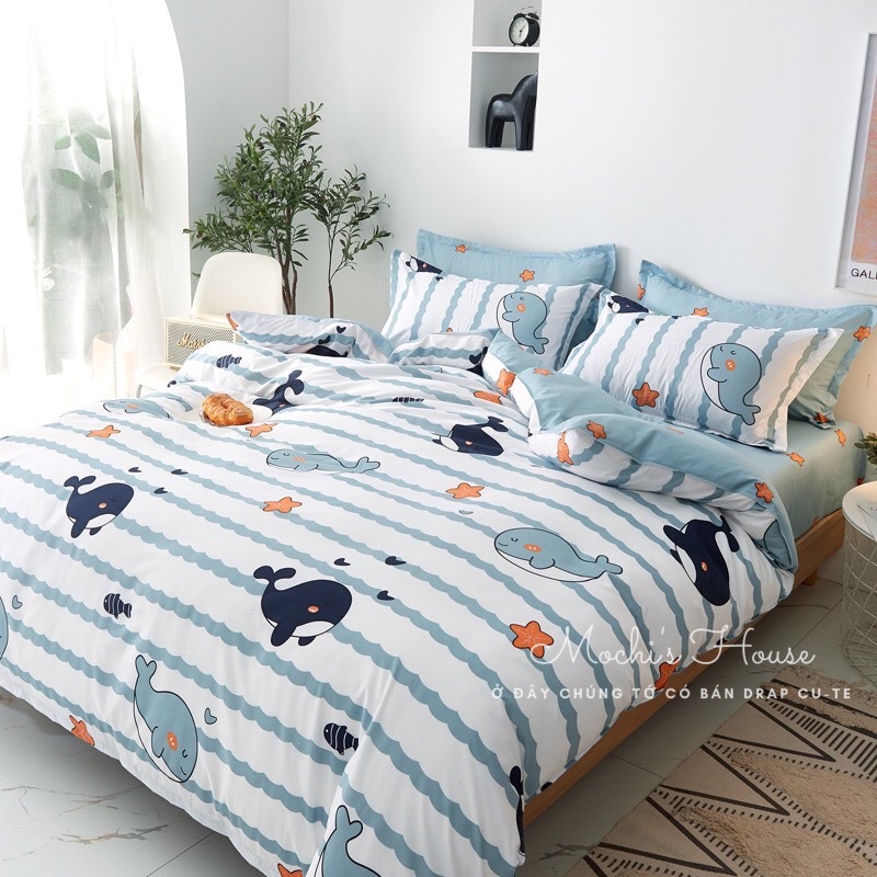 [VẢI SIÊU ĐẸP] BỘ CHĂN GA GỐI COTON POLY MẪU CÁ VOI SIÊU XINH
