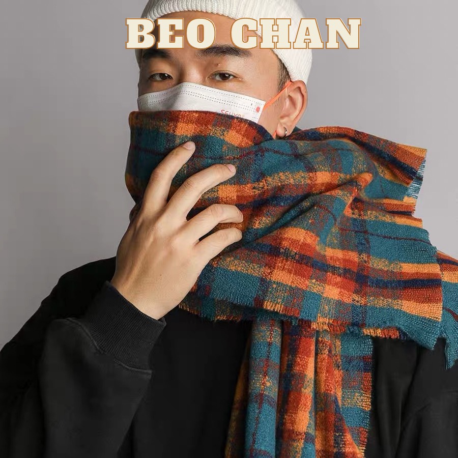 Khăn len quàng cổ nam, khăn quàng cổ nữ khăn đôi đan lông cừu mềm mịn nhẹ màu caro vintage basic hàn quốc beo chan