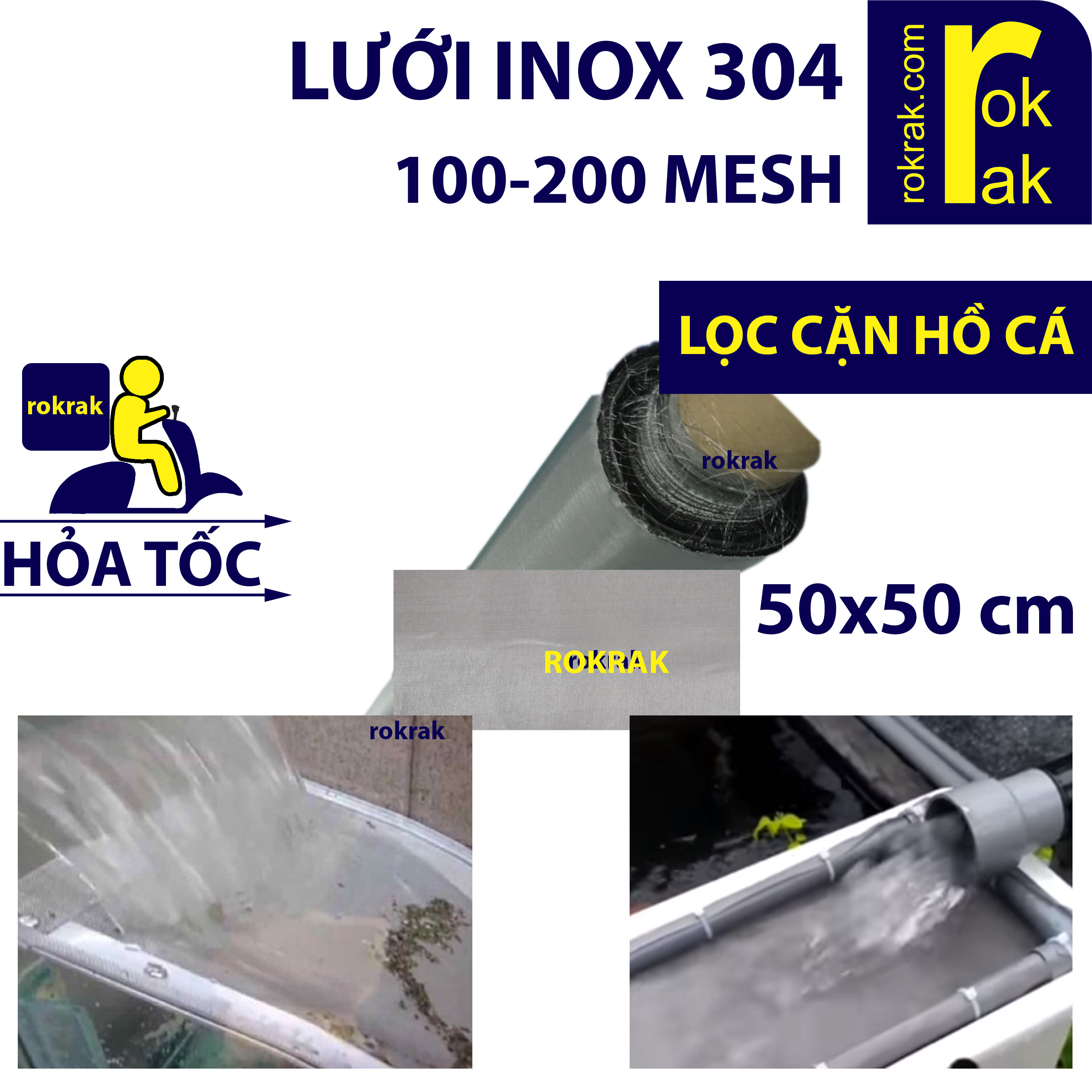 Lưới inox 304 mịn 100 200 mesh SIZE 50x50 cm ĐỊNH LƯỢNG CAO không rỉ lỗ mịn ROKRAK lọc cặn hồ cá Koi hồ công nghệ