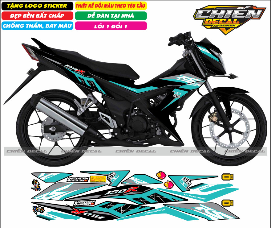 Tem rời xe sonic 150 màu đen mẫu tem RS nhiều kiểu lựa chọn (tem 3 lớp cao cấp)