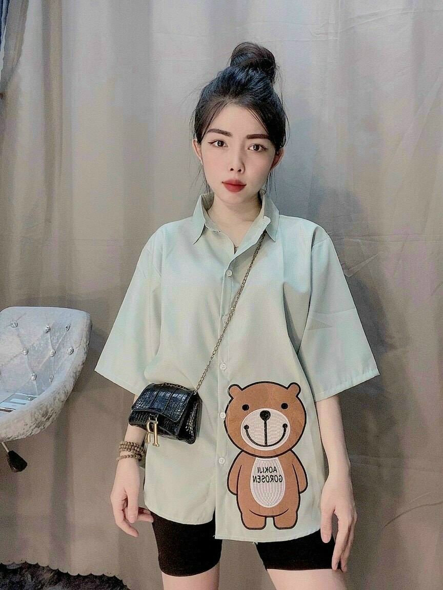 [FREESHIP MAX + HOÀN TIỀN MAX 15%] SET BỘ ÁO SƠ MI TAY LỠ FORM RỘNG IN GẤU TEDDY QUẦN THUN NGỐ