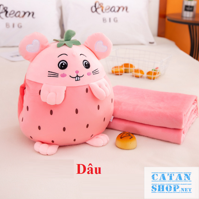 Pillow blanket 3 in 1 mouse fruit cute, spandex 4 way ultra-smooth, quilt pillow cover office, teddy bear attached quilts gm74-chuotfruit