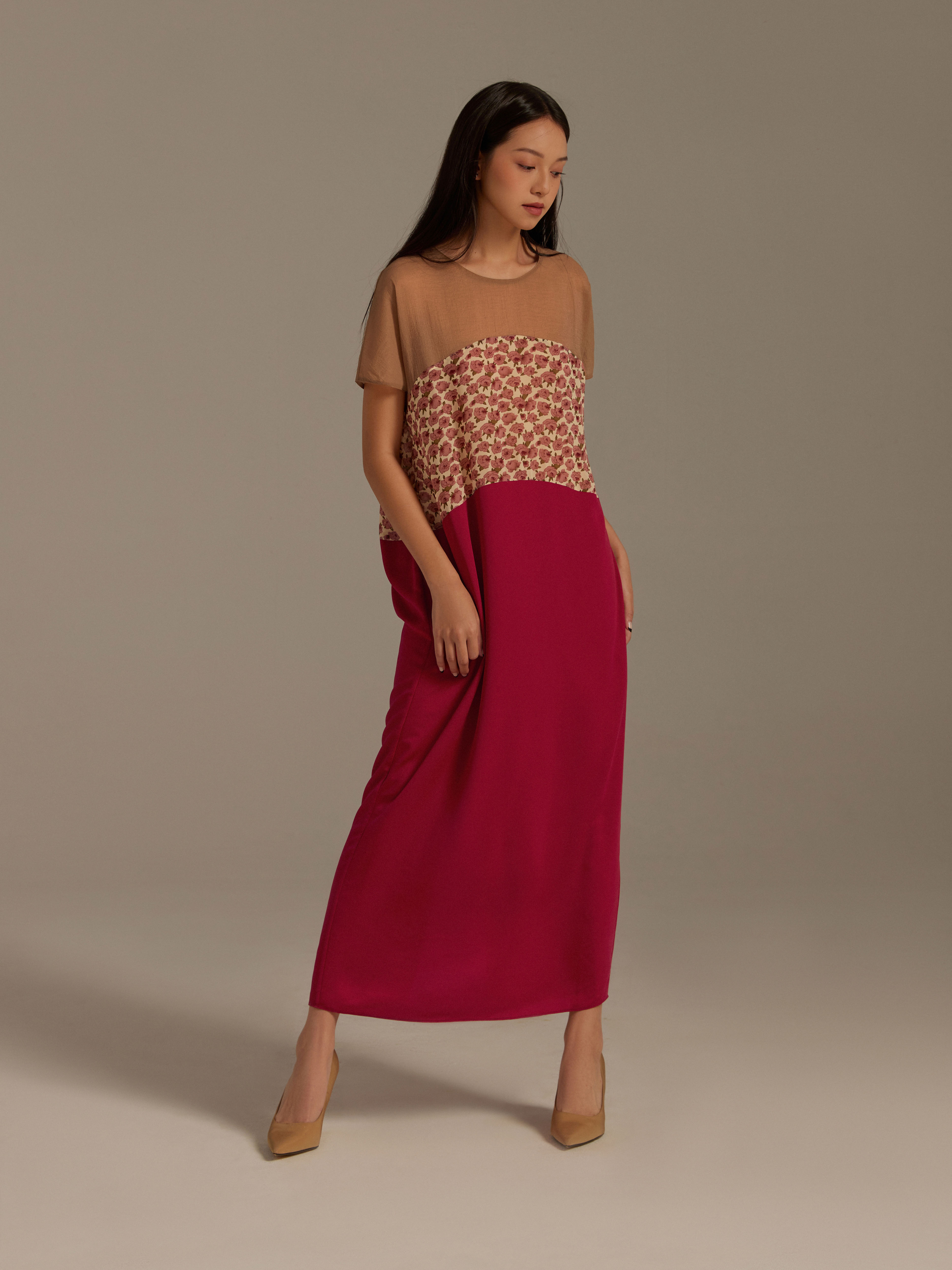 Đầm lụa phối ba màu Mauve Indochine dress