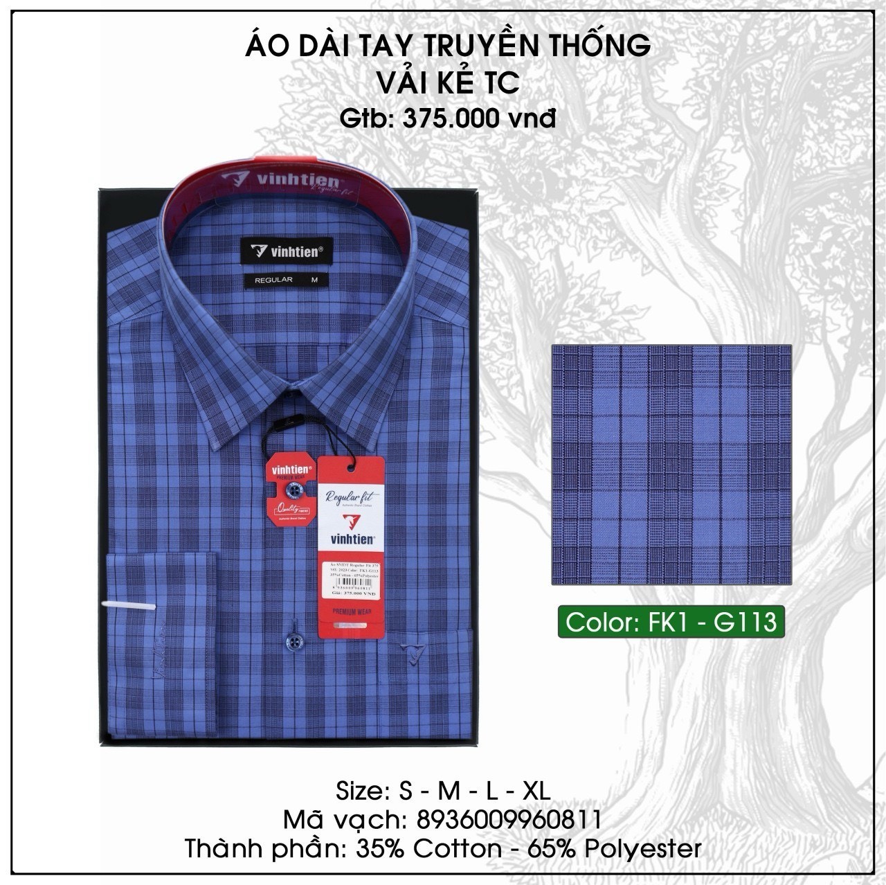 Áo Sơ Mi Dài Tay Dáng Regular Vĩnh Tiến _ Vạt Ngang Caro GTB 375