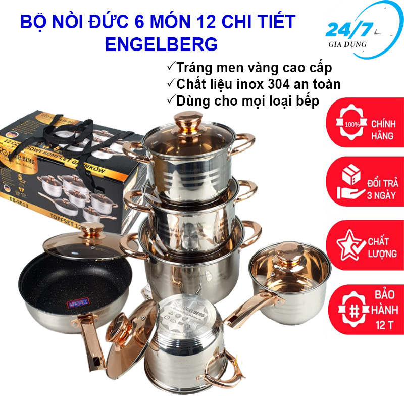 Bộ Nồi Đức Kaisa Villa 6 Món 12 Chi Tiết, Loại Đáy Chống Dính, Tráng Men Vàng Cao Cấp Sang Trọng, Dùng Được Cho Mọi Loại Bếp - Bộ Nồi Đức 6 Món Engelberg- HÀNG CHÍNH HÃNG - BẢO HÀNH 12 THÁNG