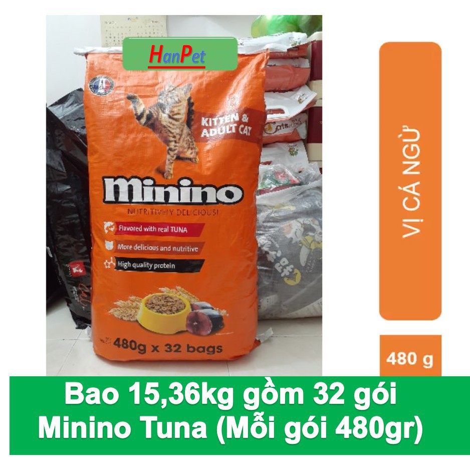 HCM- (Bao lớn 15kg và 7kg)- Minino Thức ăn viên cao cấp cho mèo mọi lứa tuổi (bao 32 gói và bao 20 gói)