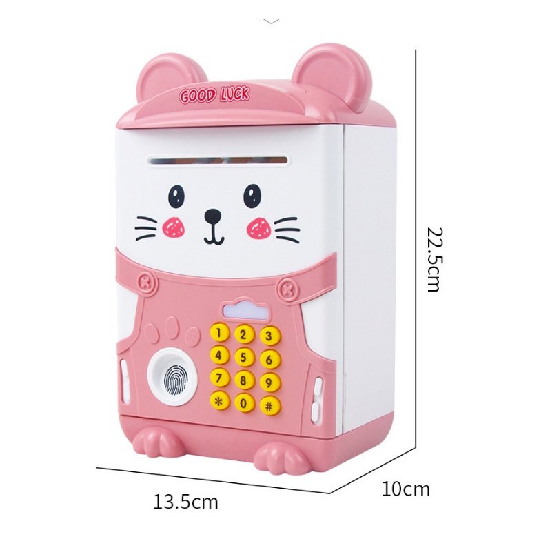 Két sắt đồ chơi cho bé trai và bé gái hình mèo mẫu mới khóa số mật mã và vân tay bảo mật tốt, tự động cuốn hút tiền khi để, có khả năng phát nhạc vui nhộn, chất liệu nhựa cao cấp chống rơi vỡ