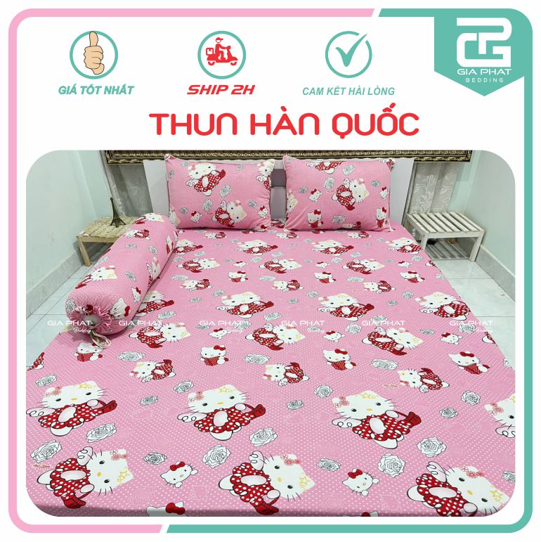 Bộ ga gối Thun Lạnh Hàn Quốc {4 món} họa tiết Kitty (1 ga bọc + 2 vỏ gối nằm + 1 vỏ gối ôm)