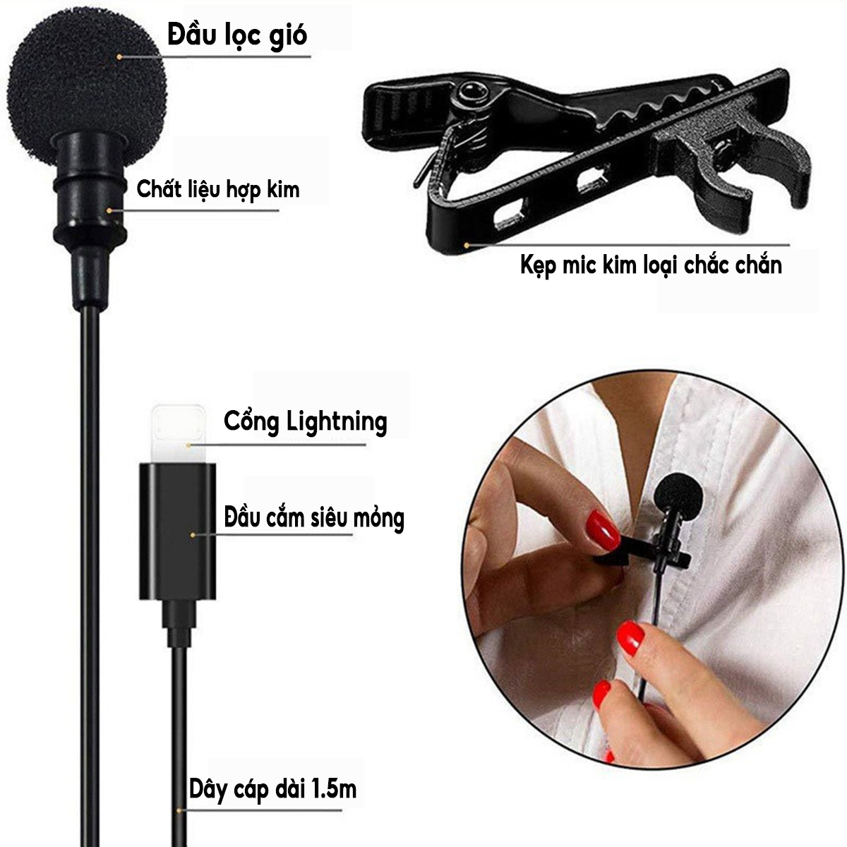 Micro PHONE Cài Áo Lavalier Thu Âm Mini jack cổng Lightning Cho IPhone, IPad