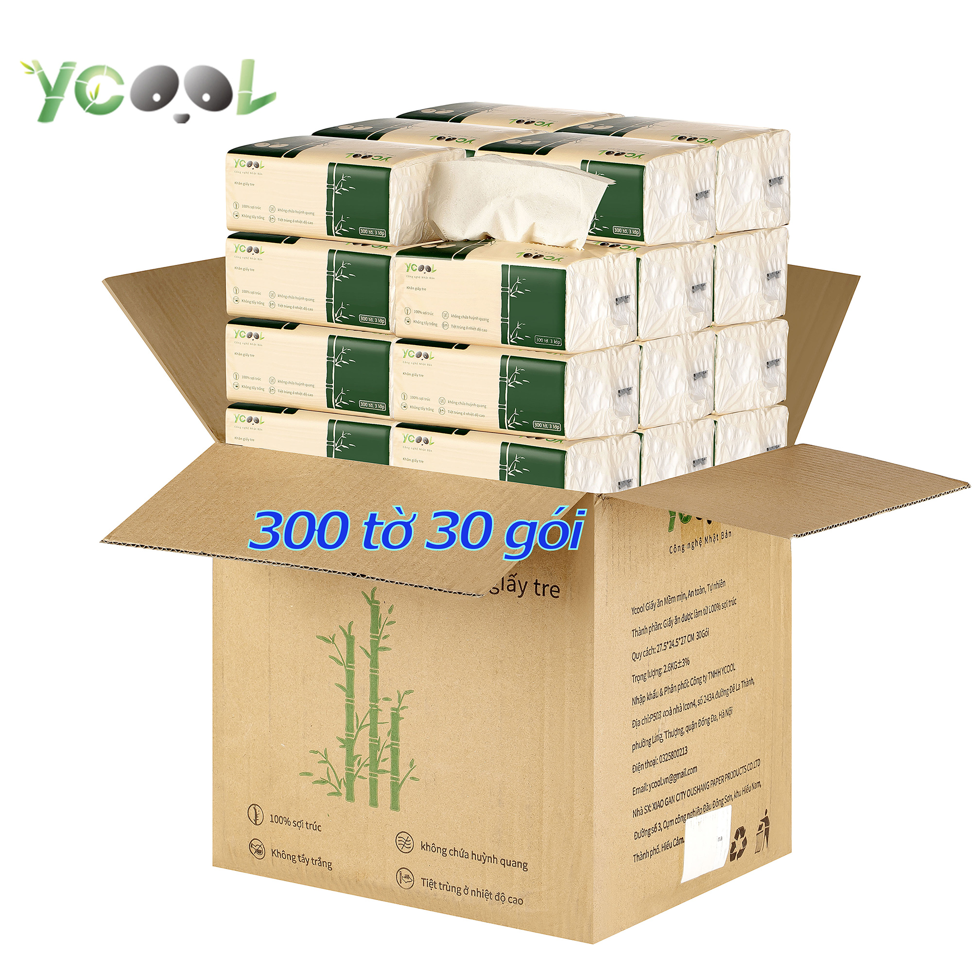 Thùng 30 gói giấy ăn gấu trúc Ycool khăn giấy tre gói 300 tờ 4 lớp siêu