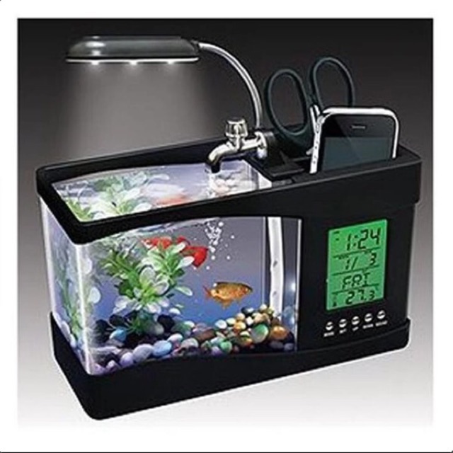 Bể cá mini kiêm đồng hồ để bàn (đen)
