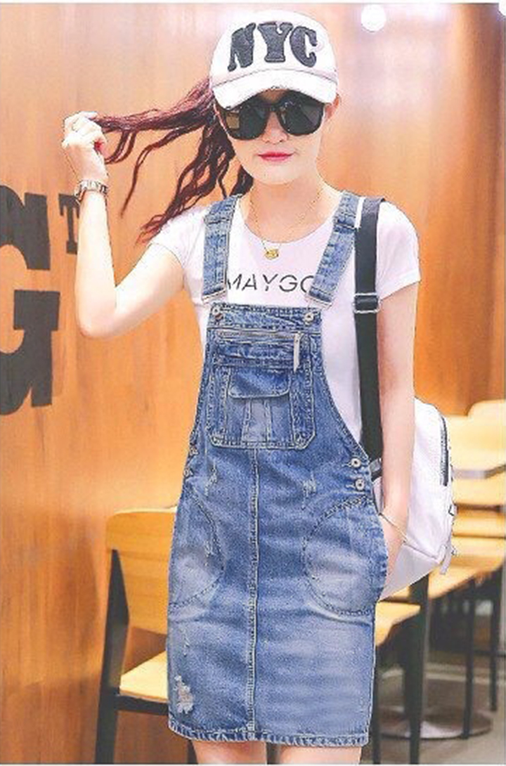 [HCM]Đầm Yếm Jean Nữ Wash Cào Thời Trang