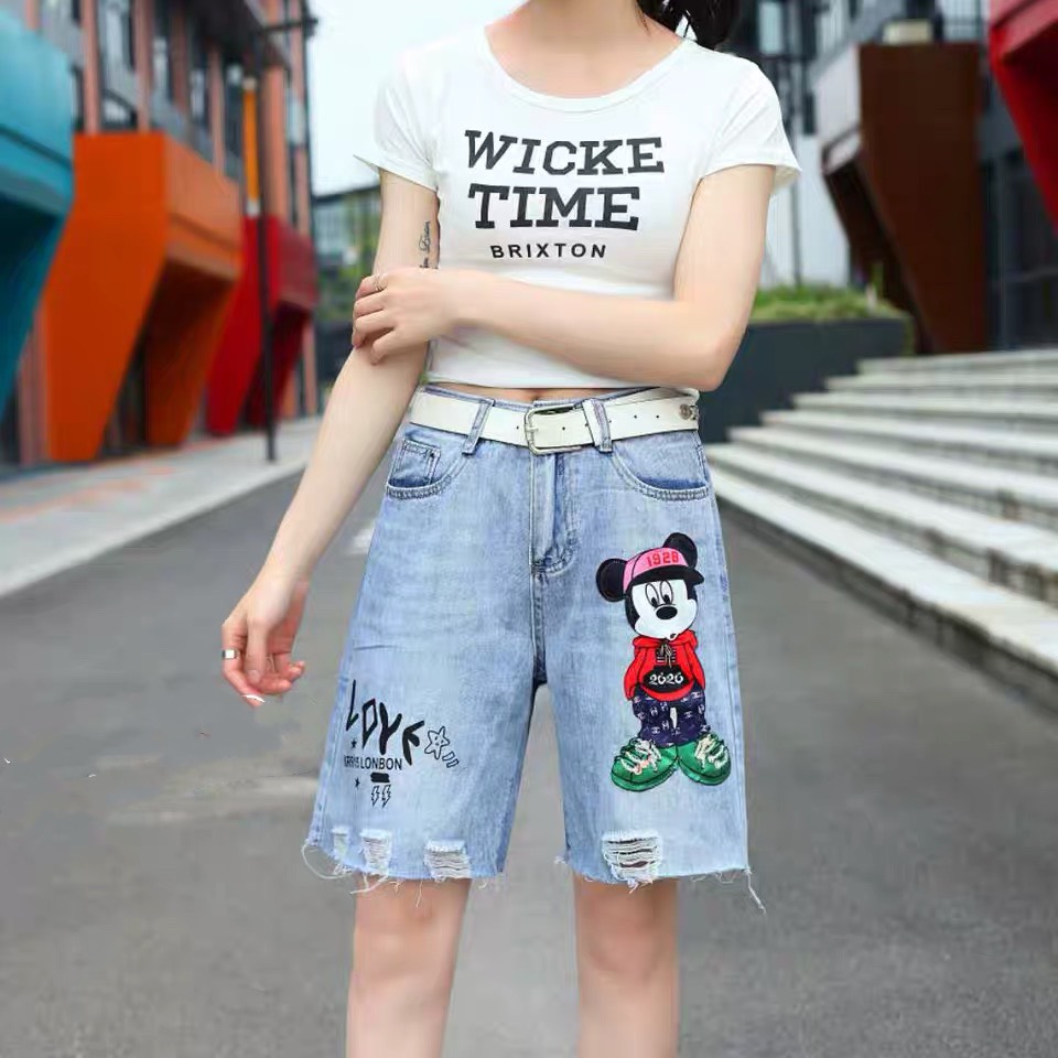 [HCM]Quần jean ngố / lửng / 5 tấc BIG SIZE lưng cao rách bụi đẹp in hình Micky bảng chữ ngộ nghĩnh ZZ Molijean