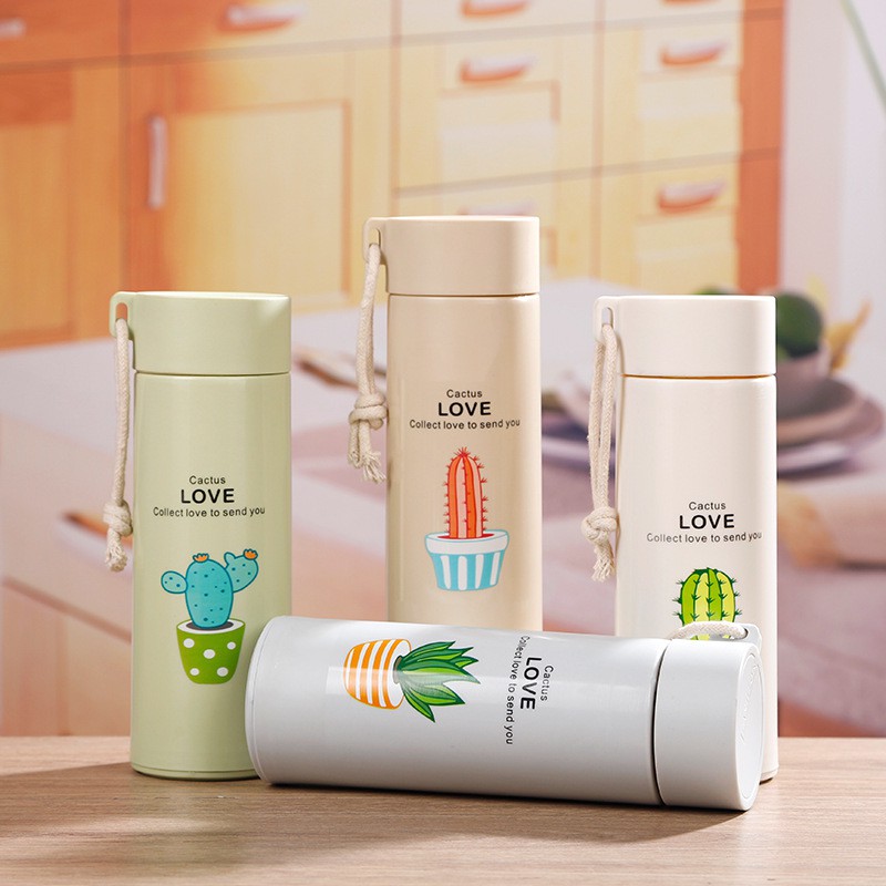 Bình Nước Giữ Nhiệt Cute Lõi Thuỷ Tinh 400ml, Hình Xương Rồng Dễ Thương