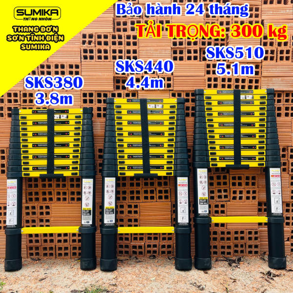 Thang nhôm rút đơn 3.8m, 4.1m, 4.4m, 5.1m Sumika SKS sơn tĩnh điện SKS380, SKS410, SKS440, SKS510 Tải trọng 300kg, Bảo hành 24 tháng