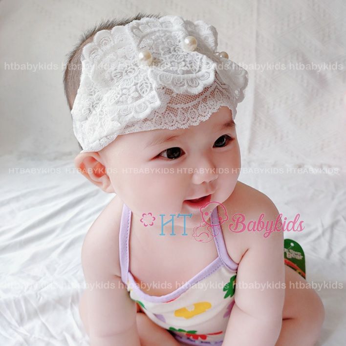 Băng đô turban vải đính hoa ren cho bé gái