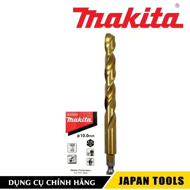 Mũi khoan sắt 10x133mm chuôi lục giác hss-tin 6.35mm makita d-31217 | japan tools