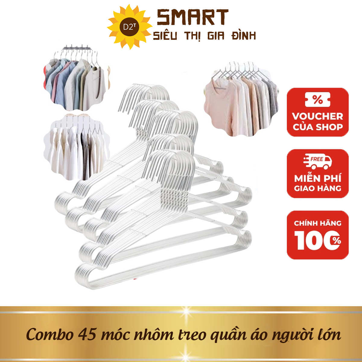 Combo 45 móc nhôm treo quần áo người lớn, móc phơi đồ, móc quần áo người lớn cực kì chắc chắn