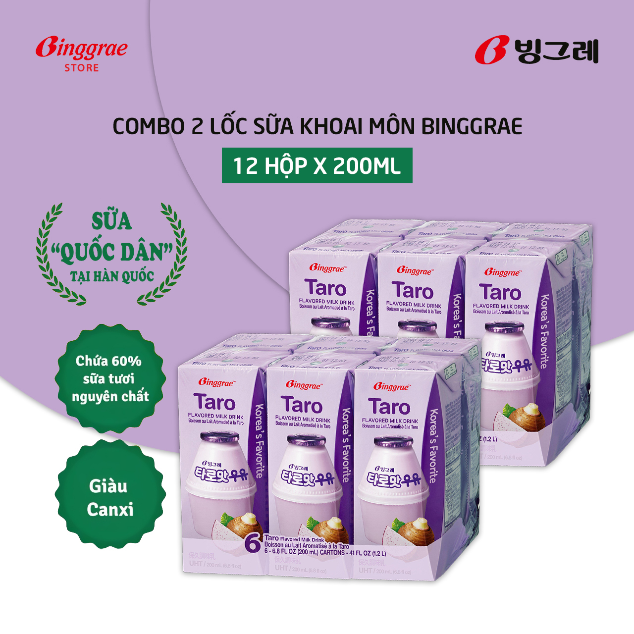 Combo 2 Lốc Sữa Khoai môn Hàn Quốc Binggrae Taro Milk (200ml x 12 hộp)