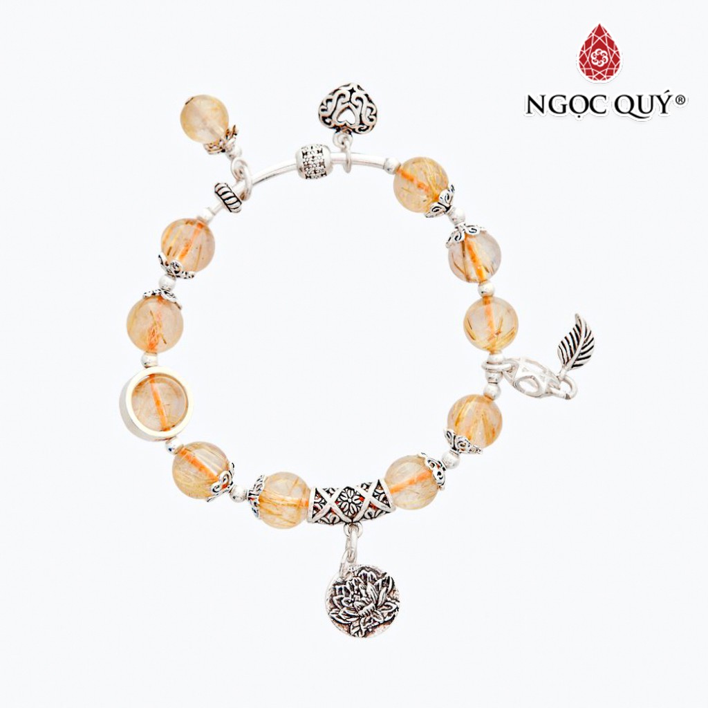Vòng tay thạch anh tóc vàng phối charm hoa sen bạc - ngọc quý