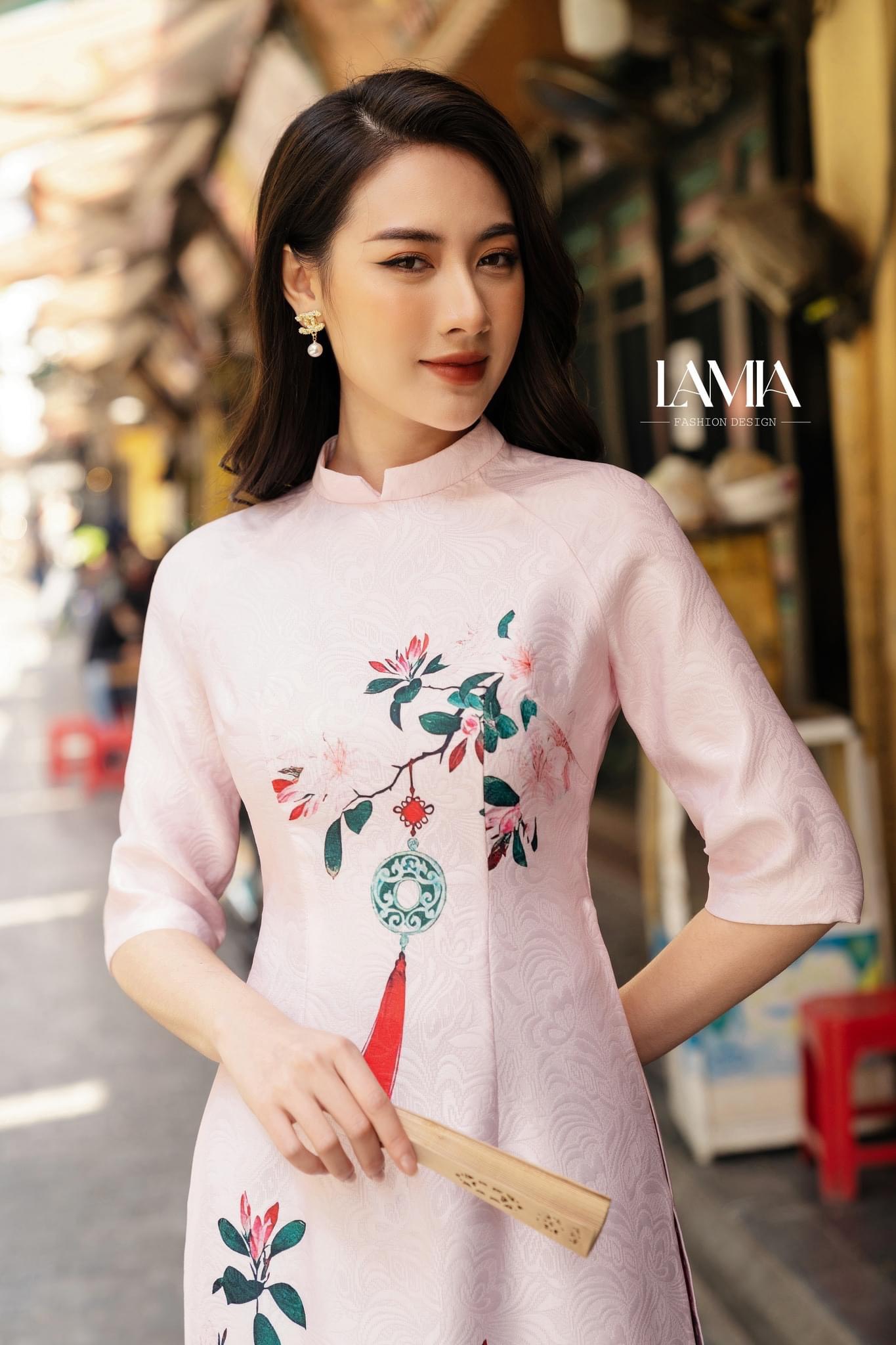 Áo dài cách tân lụa gấm mã h5- hồng nhạt