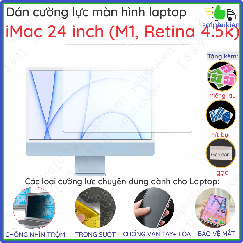 Dán cường lực laptop iMac 24 inch nano trong suốt, nhám chống vân tay, bảo vệ mắt, chuẩn cường lực 9H
