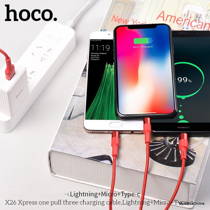 Cáp Sạc 3 Đầu Lightning + Micro Usb + Type-C Hoco X26