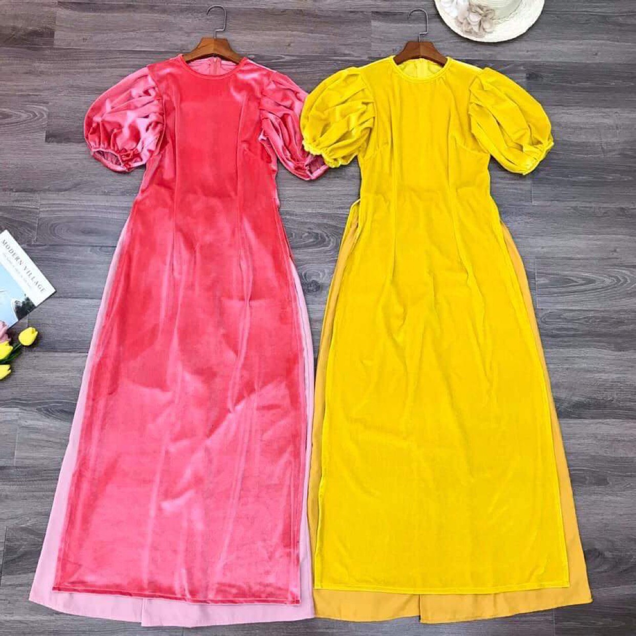 Bộ áo dài cách tân nhung tay bồng