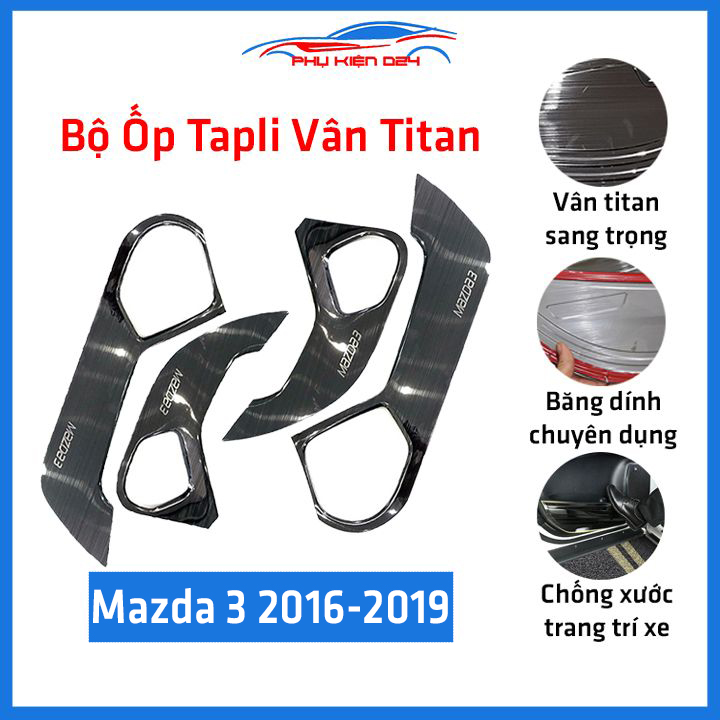 Bộ ốp tapli cánh cửa ô tô Mazda 3 2016-2019 vân titan chuẩn form, trang trí chống trầy xước cửa xe hơi