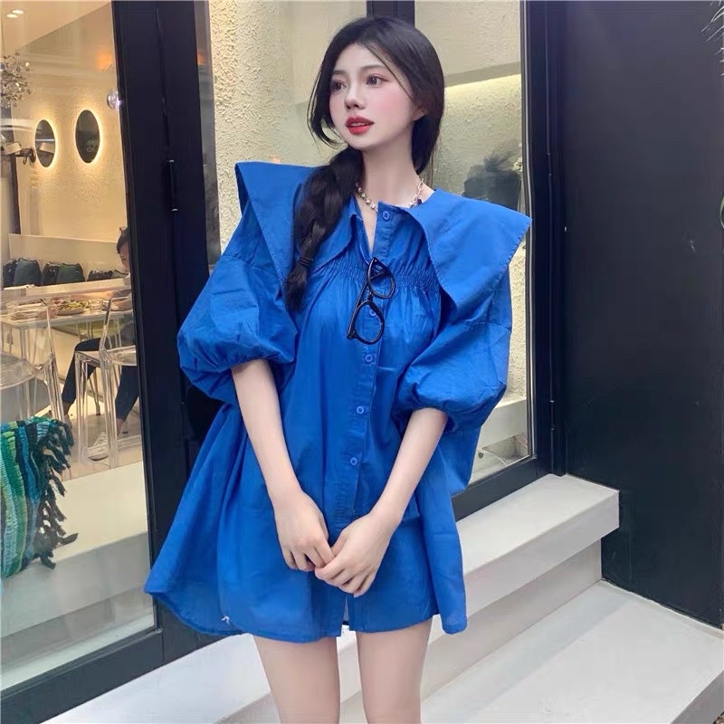 Áo sơmi thô xanh cổ nhọn siêu xinh có ảnh thật kèm video