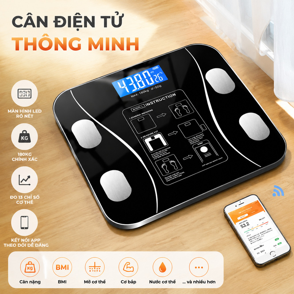 [TẶNG KÈM PIN, LOẠI XỊN] CÂN ĐIỆN TỬ THÔNG MINH. THIẾT BỊ ĐO CÂN NẶNG KẾT NỐI BLUETOOH PHÂN TÍCH ĐO LƯỜNG CHỈ SỐ CỤ THỂ – CÂN SỨC KHỎE , CÂN ĐIỆN TỬ SỨC KHỎE