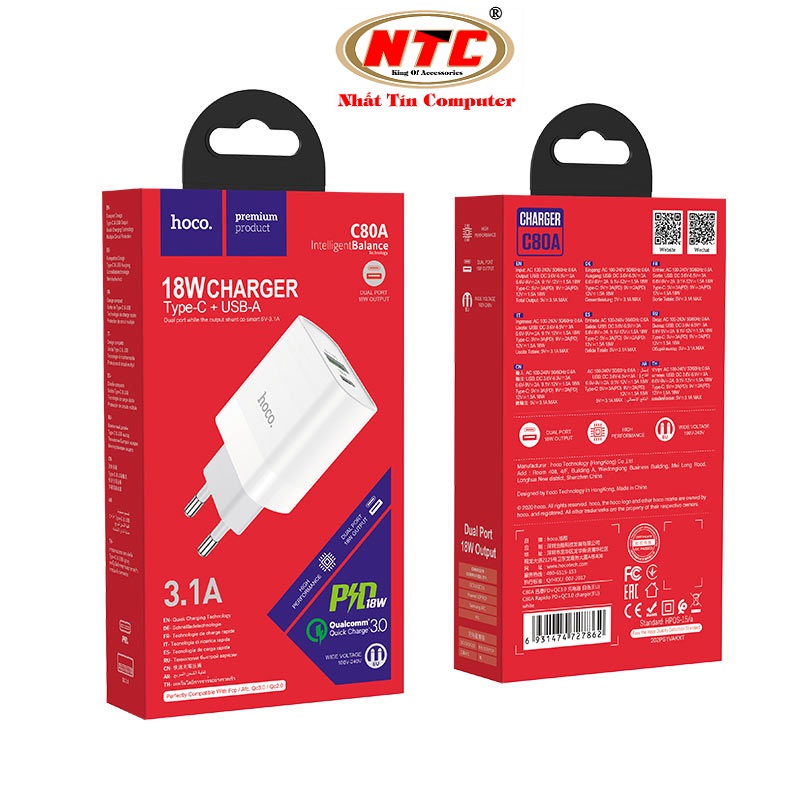 Cốc sạc 2 cổng Hoco C80A USB QC3.0 và Type-C PD18W (Trắng) - Hãng phân phối chính thức - Nhất Tín Computer