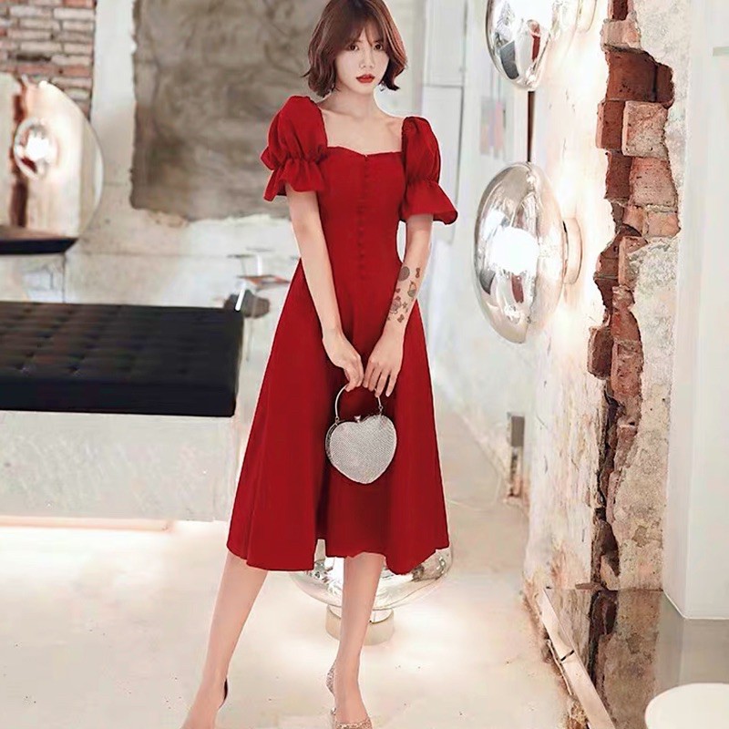ĐẦM CỔ VUÔNG, TAY BO, NÚT BỌC (có ảnh thật) MS154
