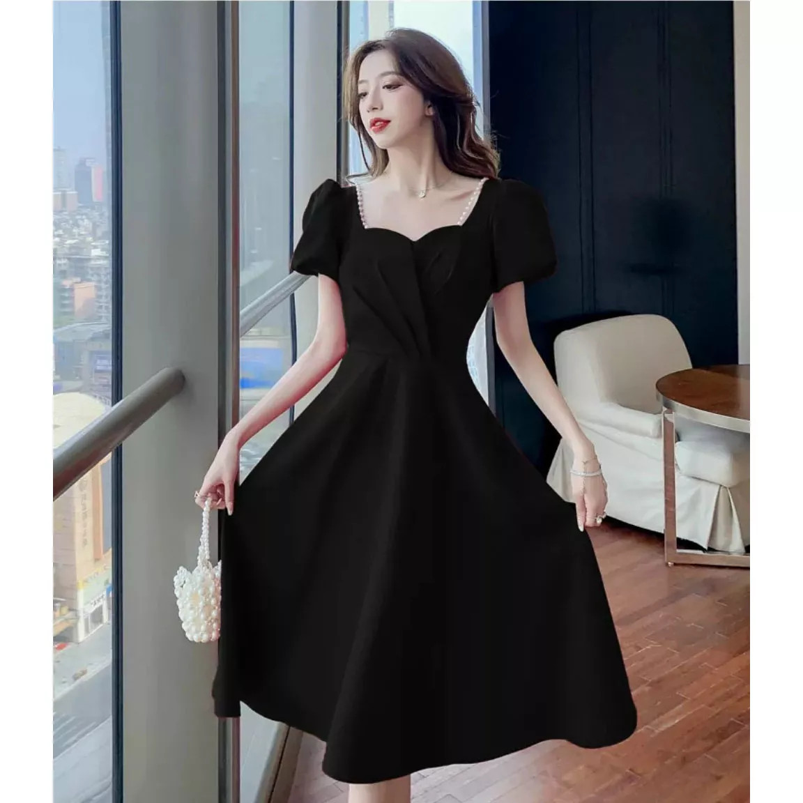 Đầm nữ tay phồng kết cườm vai xếp ly