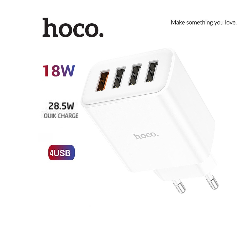 Cốc sạc nhanh pd28.5w hoco c102a 4 cổng usb chân tròn , qc3.0 sạc nhiều thiết bị cùng lúc